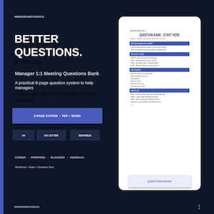 Op de afbeelding: Een digitaal productoverzicht voor een vragenbank voor 1:1-vergaderingen. De donkerblauwe interface toont de tekst BETTER QUESTIONS, BETTER 1:1s en 8-PAGE SYSTEM PDF + WORD. Een wit documentvoorbeeld toont de koptekst QUESTION BANK / START HERE.