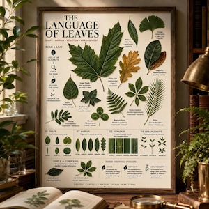 May include: A botanical educational poster titled The Language of Leaves, featuring detailed illustrations of various leaf types including sugar maple, white oak, and ginkgo. The print includes diagrams explaining leaf shape, margin, and venation.