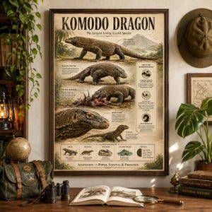 Puede incluir: Un póster enmarcado titulado "KOMODO DRAGON" con ilustraciones detalladas de la especie de lagarto. El póster incluye información sobre el comportamiento, la clasificación y el hábitat del lagarto. El póster es marrón y beige con texto negro.