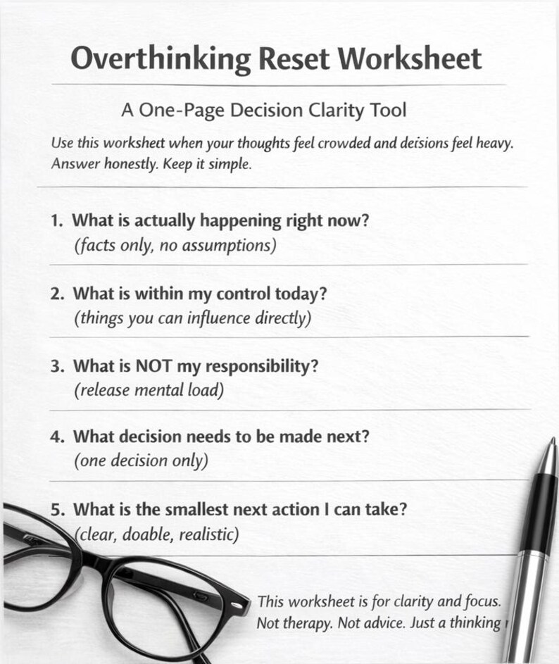 Overthinking Pens Overthinking Reset Worksheet – Personal Clarity & Decision-making Tool ...