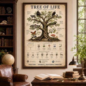 Peut inclure: Une affiche murale verticale intitulée Tree of Life présentant une grande illustration d'arbre central entourée de divers animaux, plantes et champignons. L'affiche comprend des tableaux de classification biologique détaillés, des schémas évolutifs et des étiquettes.