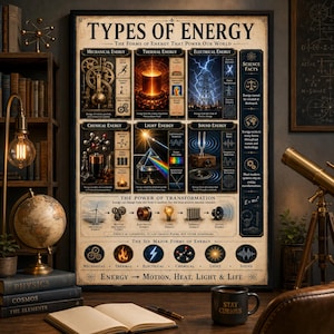 May include: A framed educational poster titled Types of Energy, The Forms of Energy That Power Our World. It features six sections detailing mechanical, thermal, electrical, chemical, light, and sound energy with diagrams, text, and a transformation flow chart.