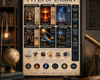 Poster sui tipi di energia / Decorazione scientifica per la fisica / Tabella murale STEM per l'homeschooling / Download immediato