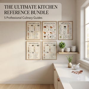 May include: Five framed kitchen reference posters titled The Ultimate Kitchen Reference Bundle, featuring guides for food storage, herb temperatures, herbs and spices, and cooking terminology, displayed on a wall above a kitchen counter.