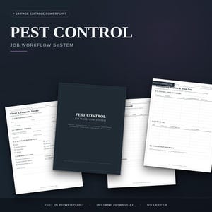 May include: A 14-page editable PowerPoint pest control job workflow system document set. The dark blue cover features the text PEST CONTROL JOB WORKFLOW SYSTEM, with white interior pages showing client intake and monitoring log forms.