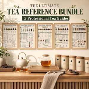 May include: A set of five framed tea reference guides titled The Ultimate Tea Reference Bundle, featuring charts for brewing, temperature, steeping time, types, and food pairing. Below are a ceramic teapot, glass teapot, and five labeled tea canisters.
