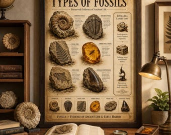 Tipi di fossili - Poster / Tabella di riferimento di paleontologia / Poster per la classe di scienze della Terra / Download immediato