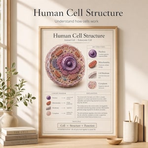 Op de afbeelding: Een ingelijste educatieve poster getiteld "Human Cell Structure" met een gedetailleerde illustratie van een dierlijke cel. De poster bevat diagrammen van celcomponenten en verklarende tekst. De poster zit in een licht houten frame.