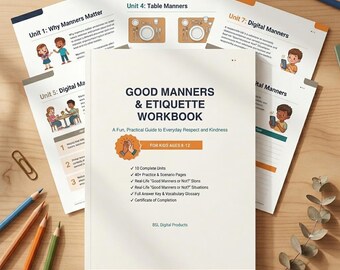 Quaderno di esercizi di buone maniere ed etichetta per bambini, PDF stampabile sulle abilità sociali, programma di abilità di vita per l'homeschooling, età 8-12 anni, download immediato.