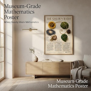 May include: A rectangular poster titled The Golden Ratio featuring a spiral diagram overlaid on images of a sunflower, a galaxy, a seashell, a pinecone, and a green plant. The poster includes descriptive text and mathematical formulas on a cream background.