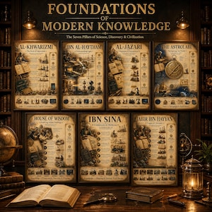May include: A collection of seven vintage-style educational posters titled Foundations of Modern Knowledge, featuring historical figures like Al-Khwarizmi and Ibn Sina, with detailed illustrations, diagrams, and text on science, discovery, and civilization.
