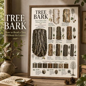 May include: A framed educational poster titled TREE BARK How to Read a Tree Without Its Leaves, featuring detailed illustrations of various tree bark textures, patterns, and types, including White Oak, Paper Birch, and American Beech with labels.