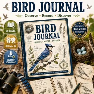 May include: A spiral-bound Bird Journal notebook featuring a blue jay illustration on the cover with the text Bird Journal Observe Record Discover. The cover includes a nest with eggs, feather sketches, and the Young Naturalist Series logo.