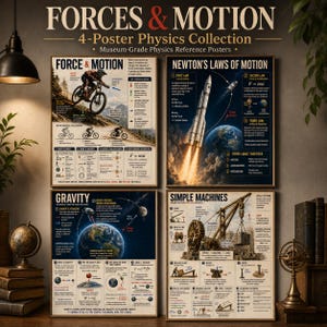 May include: A set of four educational posters titled Forces & Motion, Newton's Laws of Motion, Gravity, and Simple Machines. Each poster features detailed diagrams, scientific text, and illustrations explaining physics concepts like acceleration, orbits, and mechanical advantage.