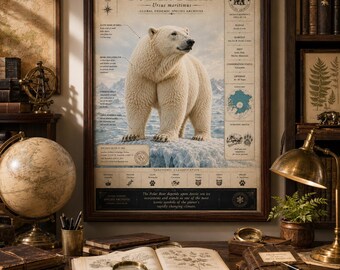 Poster dell'orso polare, arte murale sulla fauna artica, stampa di storia naturale, decorazione con animali da museo, illustrazione scientifica, arte dell'orso polare