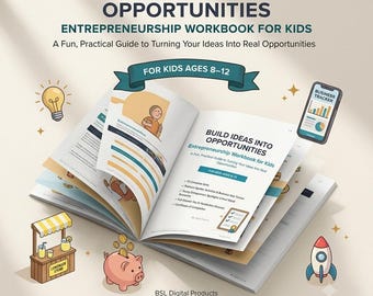 Cahier d'exercices sur l'entrepreneuriat pour enfants, idée d'entreprise PDF imprimable, livre d'activités de résolution de problèmes pour l'école à la maison pour les 8 à 12 ans