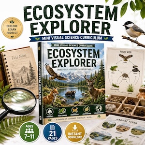 May include: Ecosystem Explorer mini visual science curriculum book featuring a nature scene with a bald eagle, fox, bear, and deer. Includes a Field Notes journal, a food web diagram, a magnifying glass, and a habitat types reference sheet.