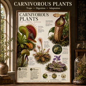 May include: A botanical educational poster titled Carnivorous Plants: Traps, Digestion, Adaptation. It features detailed illustrations of a Venus flytrap, tropical pitcher plant, cobra lily, cape sundew, bladderwort, and purple butterwort with text.
