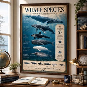 May include: A framed poster titled "Whale Species" displays illustrations of various whale species, including the blue whale, humpback whale, orca, sperm whale, beluga whale, and narwhal. The poster includes facts about whales and their adaptation to the deep ocean.