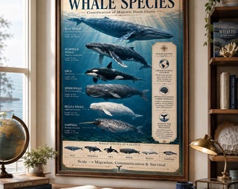 Póster de especies de ballenas / Tabla de identificación de mamíferos marinos / Póster para el aula de biología / Decoración para el aula de ciencias / Descarga instantánea