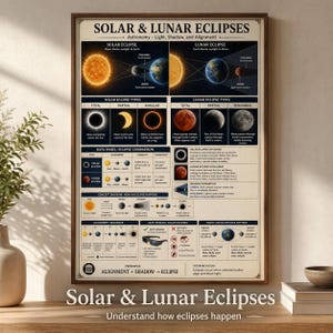 May include: A framed educational poster titled "Solar & Lunar Eclipses." The poster features diagrams and illustrations explaining solar and lunar eclipse types, data comparisons, and the alignment sequence. The text "Understand how eclipses happen" is at the bottom.