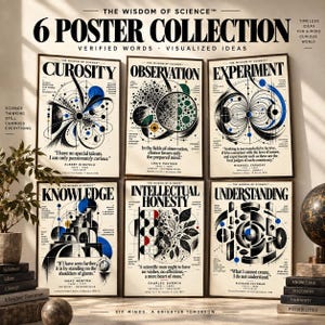 May include: A collection of six posters titled The Wisdom of Science, featuring black, white, and blue geometric illustrations and scientific quotes from Einstein, Pasteur, Faraday, Newton, Darwin, and Feynman on off-white paper backgrounds.