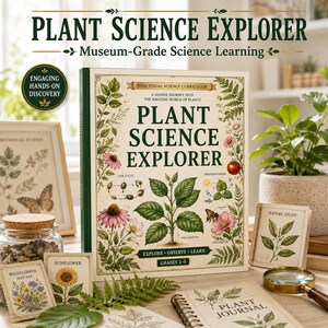 Pode incluir: Um livro de capa dura intitulado Plant Science Explorer com uma capa creme apresentando ilustrações botânicas de plantas, flores e insetos. A capa inclui textos como Mini Visual Science Curriculum, Explore, Observe, Learn e Grades 2-5.