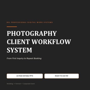 May include: A digital photography client workflow system document with a dark background and white text. It includes the title Photography Client Workflow System, From First Inquiry to Repeat Booking, 22-page editable PPTX, and ready-to-use PDF.