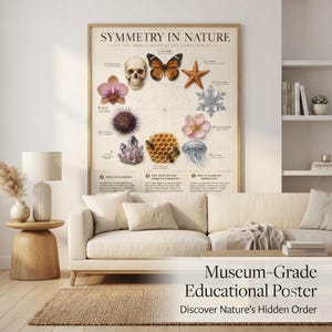 May include: A rectangular educational poster titled Symmetry in Nature featuring illustrations of a skull, butterfly, starfish, snowflake, orchid, sea urchin, crystal cluster, honeycomb, and jellyfish arranged around a central geometric diagram.