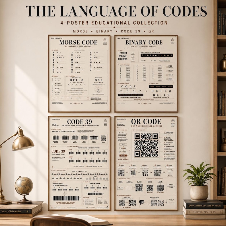 Code Systems Poster Set, Morse Binary Code 39 QR Code, STEM Wall Art, Coding Classroom Decor, Homeschool Science Poster, Instant Download image 1
