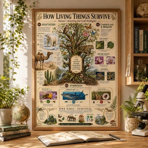 May include: A framed educational poster titled How Living Things Survive, featuring a central tree illustration surrounded by diagrams of animals, plants, and insects. The text explains biological concepts like adaptation, camouflage, and symbiosis.