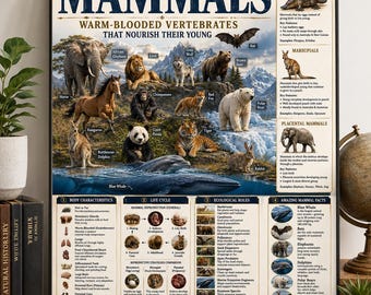 Mammals Poster | Animal Diversity Chart, Land, Water, Air Biology Art (Digital Download)
