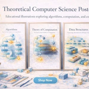 May include: Three framed educational posters on theoretical computer science, illustrating algorithms, computation, and data structures. The posters are surrounded by books, paint palettes, and art supplies. The text on the posters includes "Algorithms", "Theory of Computation", and "Data Structures".