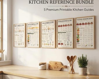May include: Five framed kitchen reference guides titled The Essential Kitchen Reference Bundle, featuring charts for rice, pasta, egg, steak, and vegetable cooking. The prints are displayed on a wall above a wooden countertop with kitchen utensils.