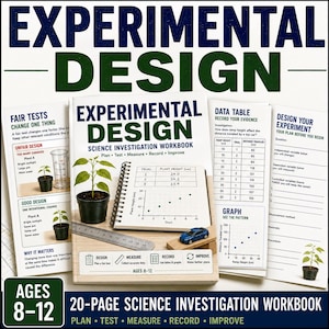 Może przedstawiać: 20-stronicowy zeszyt ćwiczeń do badań naukowych zatytułowany Experimental Design, zawierający sprawiedliwe testy, tabele danych i wykresy. Okładka przedstawia roślinę, metalową linijkę i mały niebieski samochodzik na drewnianym klocku.