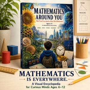 Könnte beinhalten: Ein gebundenes Buch mit dem Titel Mathematics Around You, das ein Coverbild mit einer Person vor einer Stadtlandschaft, einer Sonnenblume, einer Uhr und geometrischen Mustern zeigt. Der Einband enthält Text zu den Altersgruppen 6-12.