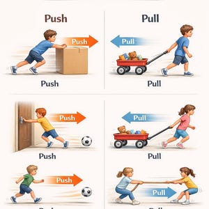 Op de afbeelding: Educatieve illustratie die de concepten duwen, trekken en bewegen demonstreert. Kinderen worden getoond die interageren met objecten zoals een doos, wagen, deur en bal. Tekstlabels omvatten "Duwen", "Trekken" en "Bewegen", met pijlen.