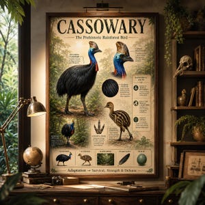 May include: A framed poster titled "CASSOWARY - The Prehistoric Rainforest Bird." The poster features illustrations of cassowaries, including a black adult bird with a blue neck and a brown juvenile. Additional details include a feather texture and rainforest facts.