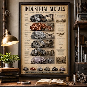 Op de afbeelding: Een ingelijste poster getiteld "INDUSTRIAL METALS" met illustraties van ijzer, koper, aluminium, titanium, nikkel en lithium. De poster wordt weergegeven op een houten bureau met boeken en een lamp.