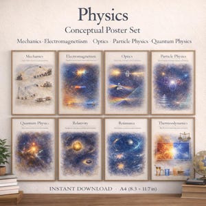 Peut inclure: Ensemble de huit affiches encadrées sur le thème de la physique. Chaque affiche présente une illustration unique avec des titres tels que "Mécanique" et "Optique". Les affiches sont affichées sur une surface en bois. Le texte "Physics Conceptual Poster Set" est en haut. Format A4 (21 x 29.7 cm).