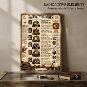 Puede incluir: Un póster científico de estilo vintage titulado Radioactive Elements que presenta ilustraciones de uranio, plutonio, radio, torio, polonio y cesio. El póster incluye texto, un retrato de Albert Einstein y pequeños iconos circulares sobre un fondo beige.