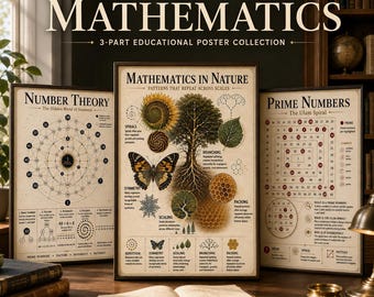 Mathematics Poster Bundle, Number Theory Wall Art, Ulam Spiral Print, Math in Nature, STEM Decor, A4 Digital Download