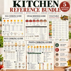 Könnte beinhalten: Ein Set aus fünf Küchen-Referenzpostern mit Anleitungen für die Zubereitung von Eiern, Steak, Gemüse, Reis und Pasta. Jedes Poster enthält detaillierte Tabellen, Temperaturreferenzen und Kochmethoden auf 21,6 cm mal 27,9 cm großen Blättern.