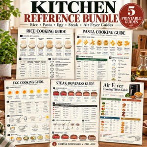 May include: A set of five printable kitchen reference guides featuring charts for rice, pasta, egg, steak, and air fryer cooking. Each guide includes detailed tables, visual illustrations, and instructions for various culinary techniques.