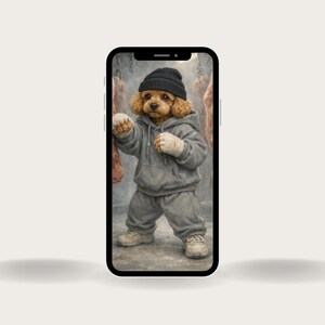 Peut inclure: Illustration numérique d'un chien portant un survêtement gris, un bonnet noir et des bandages de boxe blancs. Le chien est en position de boxe, avec de la viande suspendue en arrière-plan. Le chien porte des baskets blanches.