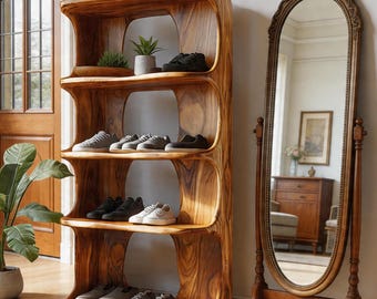Zapatero escultural de madera maciza, organizador de zapatos moderno con estantes abiertos, torre vertical de almacenamiento de zapatos de madera, estante artístico para la entrada.