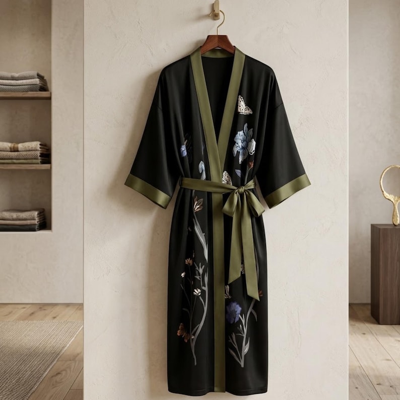 Lång morgonrock i siden och satin med kranmönster, japansk kimono, loungekläder för kvinnor bild 6