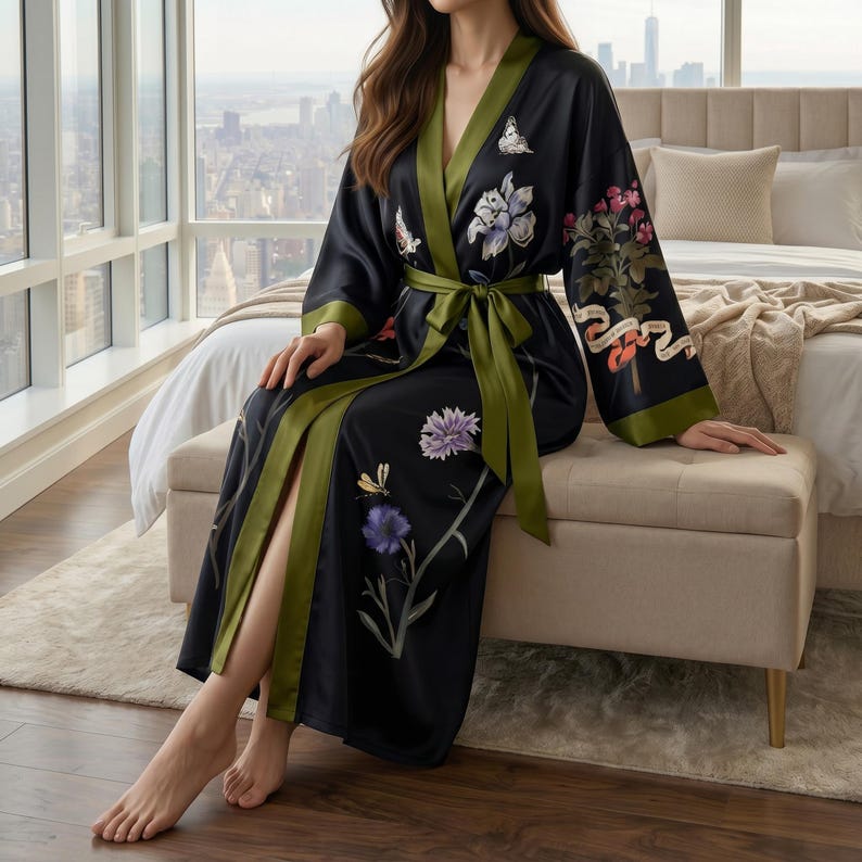 Lång morgonrock i siden och satin med kranmönster, japansk kimono, loungekläder för kvinnor bild 11