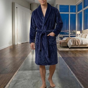 Navy Plush Flannel Warm Bathrobe Men's Soft Fleece Robe Lounge Sleepwear House Coat Gift