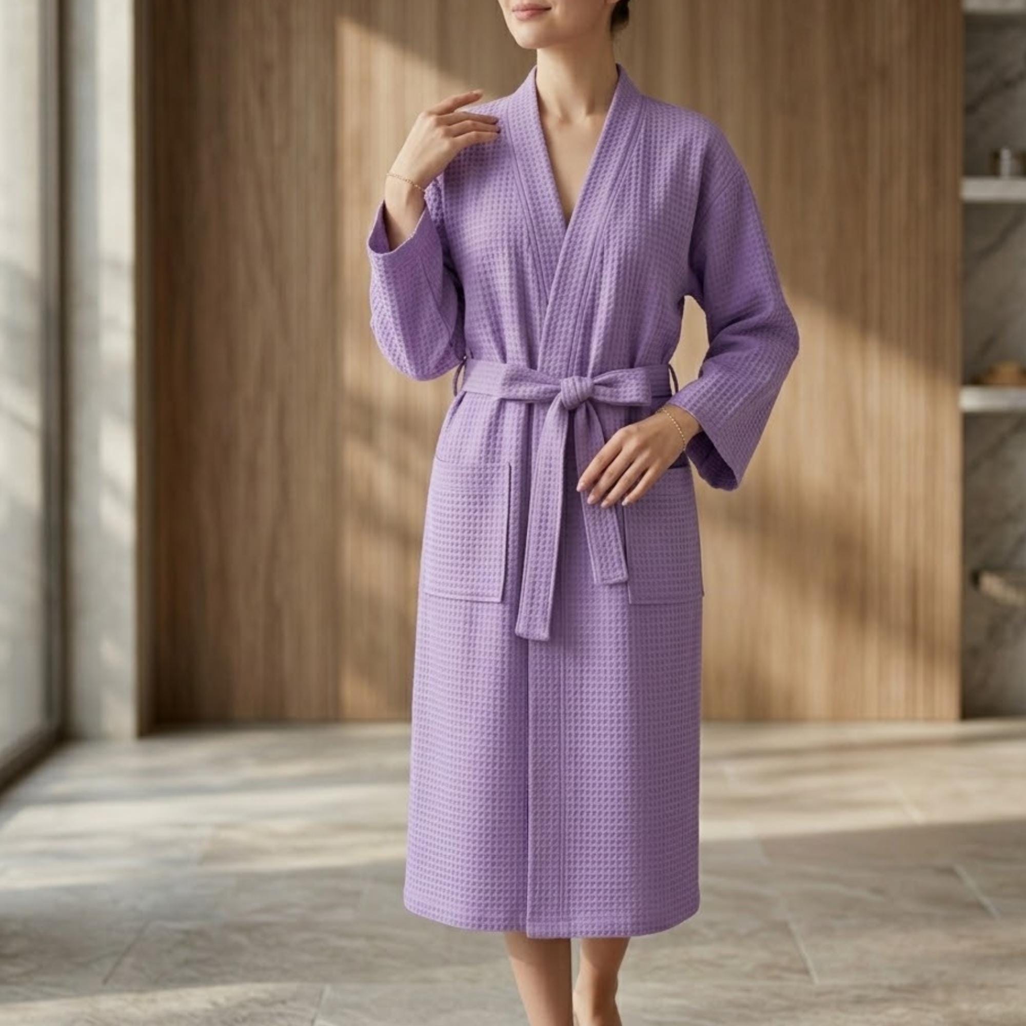 Unisex Cotton Women Robe, Breathable Waffle Woven Lounge Hotel & Spa Men Bathrobe Kimono